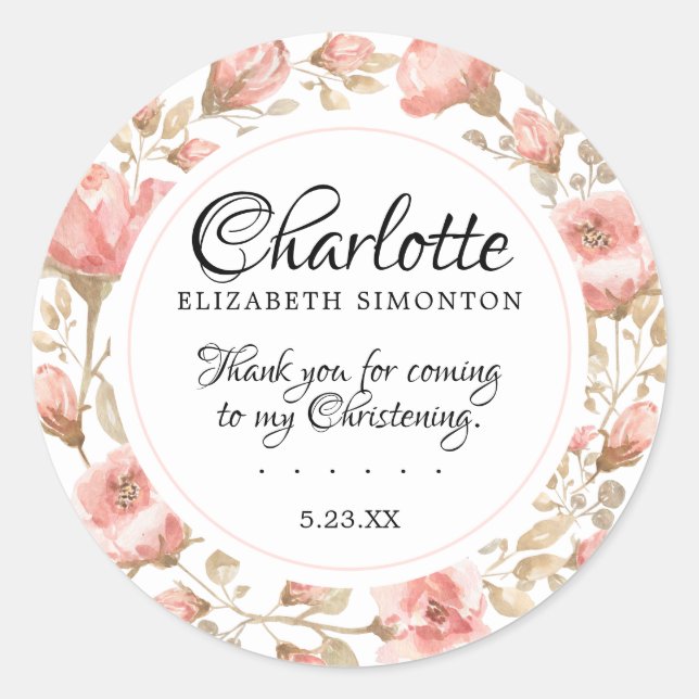Pink Rose Floral  Personalized Christening Classic Round Sticker (Front)