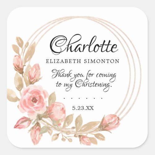 Pink Rose Floral  Personalized Christening Square Sticker