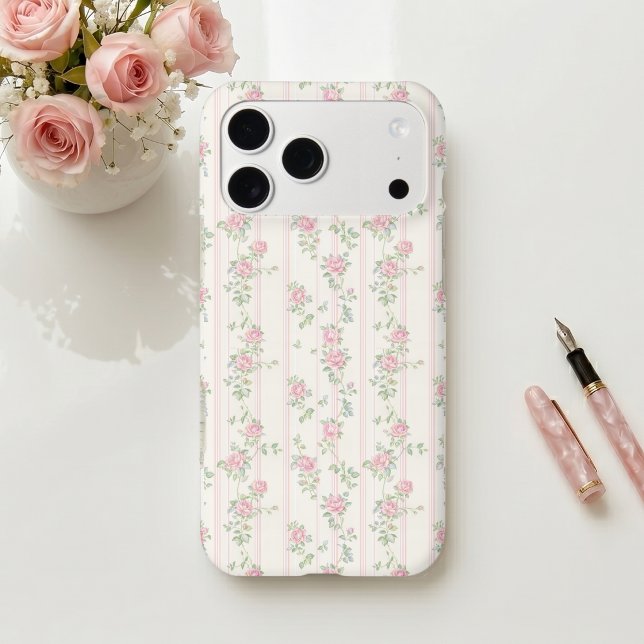 Pink Rose Floral Phone Case (grandmillennial coquette vintage pink rose floral stripe phone case)