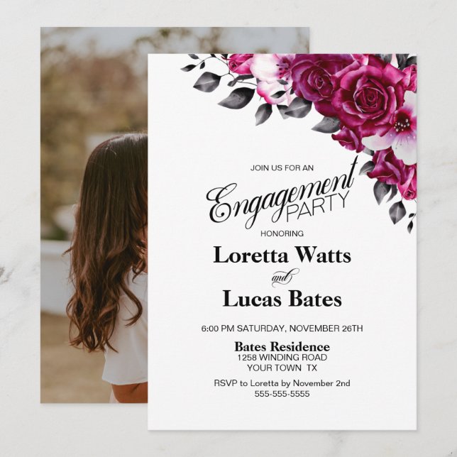Pink Rose Floral Photo Engagement Party Invitation (Front/Back)