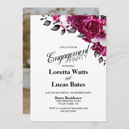 Pink Rose Floral Photo Engagement Party Invitation