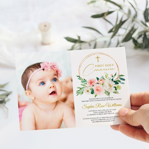 Pink Rose Floral Photo Girl First Holy Communion Invitation