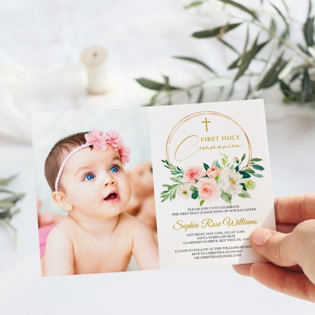 Pink Rose Floral Photo Girl First Holy Communion Invitation (Creator Uploaded)