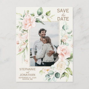 Pink Rose Floral Photo Save the Date Postcards