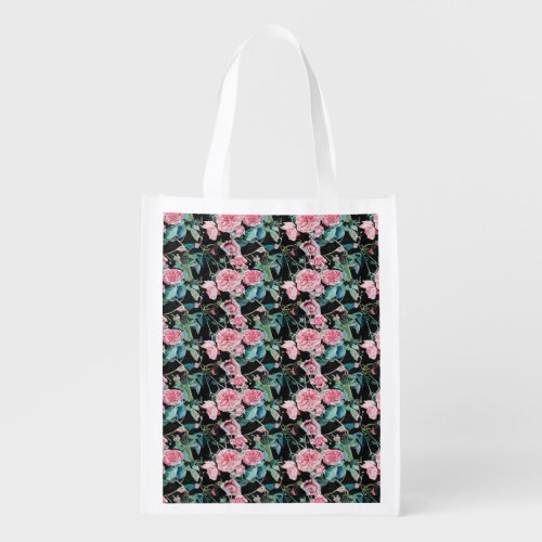Pink Rose floral Reusable Grocery Bag