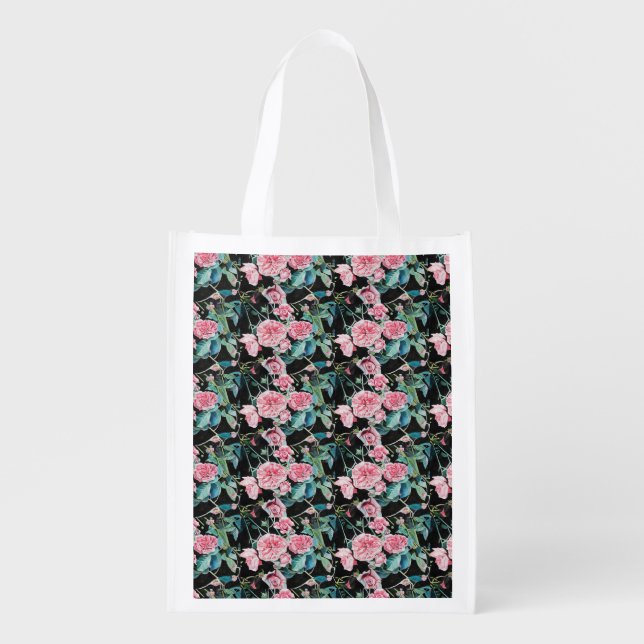 Pink Rose floral Reusable Grocery Bag (Front)