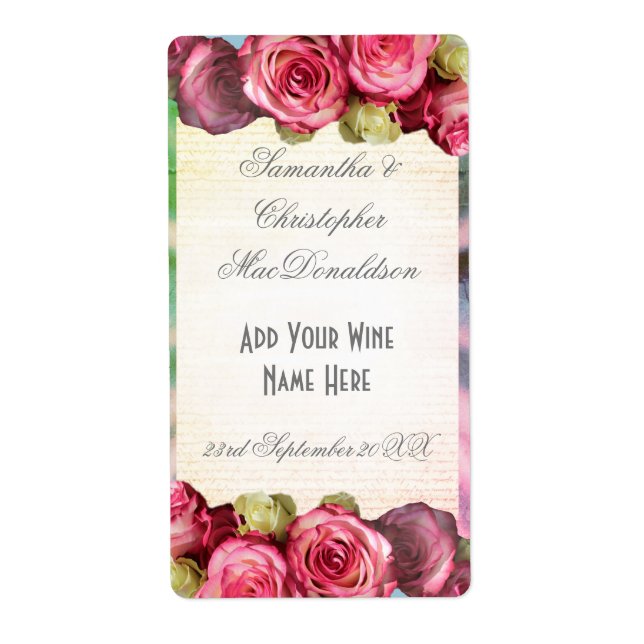 Pink rose floral romantic wedding wine bottle label (Front)
