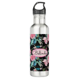 Pink Rose Floral Roses Vintage Cabbage Womans Stainless Steel Water Bottle