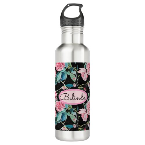 Pink Rose Floral Roses Vintage Cabbage Womans Stainless Steel Water Bottle