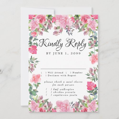 Pink Rose Floral RSVP Card with Meal Choice