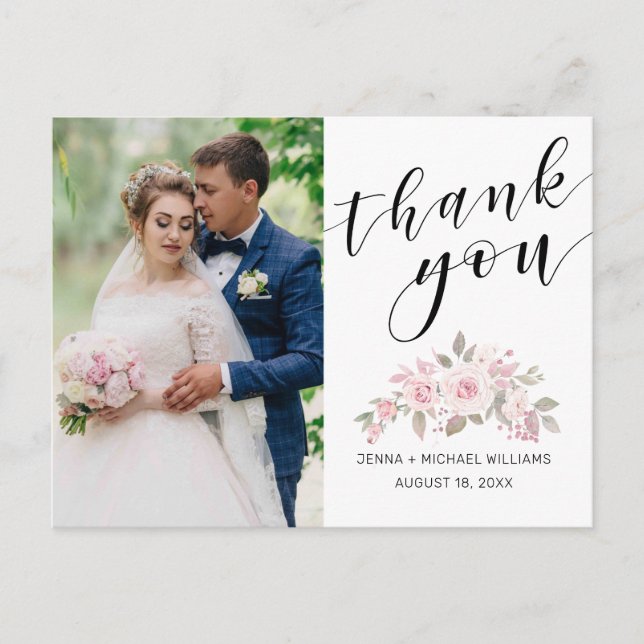 Pink Rose Floral Script Wedding Photo Thank You Postcard (Front)