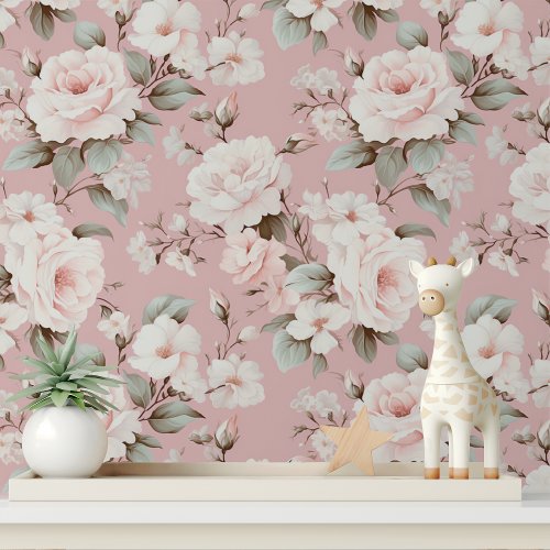 Pink Rose Floral Shabby Chic Pattern Wallpaper