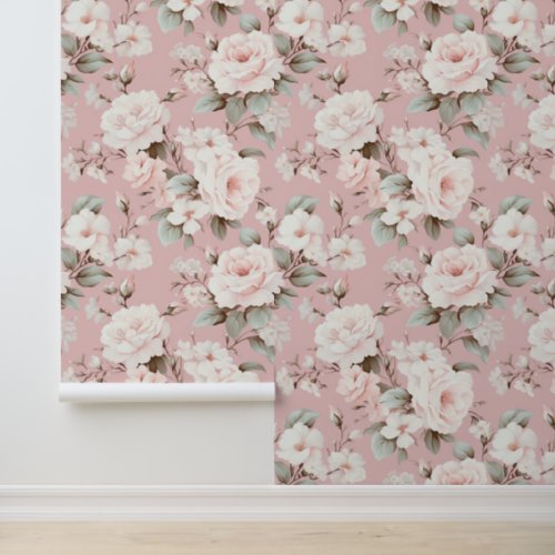 Pink Rose Floral Shabby Chic Pattern Wallpaper