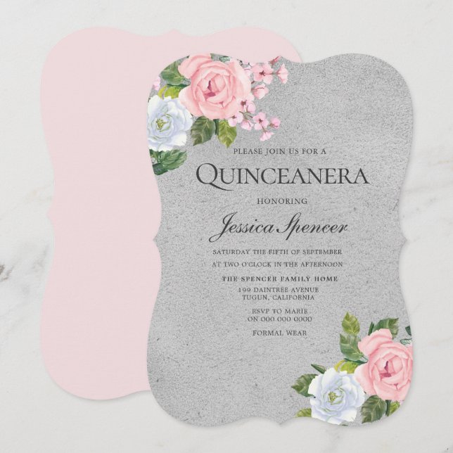 Pink Rose Floral Silver Quinceanera Party Invite (Front/Back)