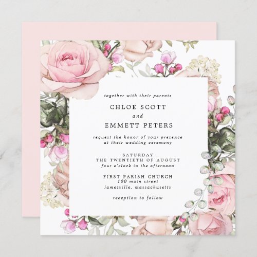 Pink Rose Floral Square Wedding Invitation