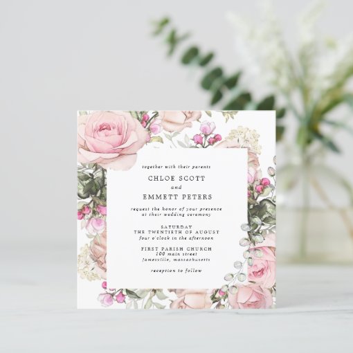 Pink Rose Floral Square Wedding Invitation 