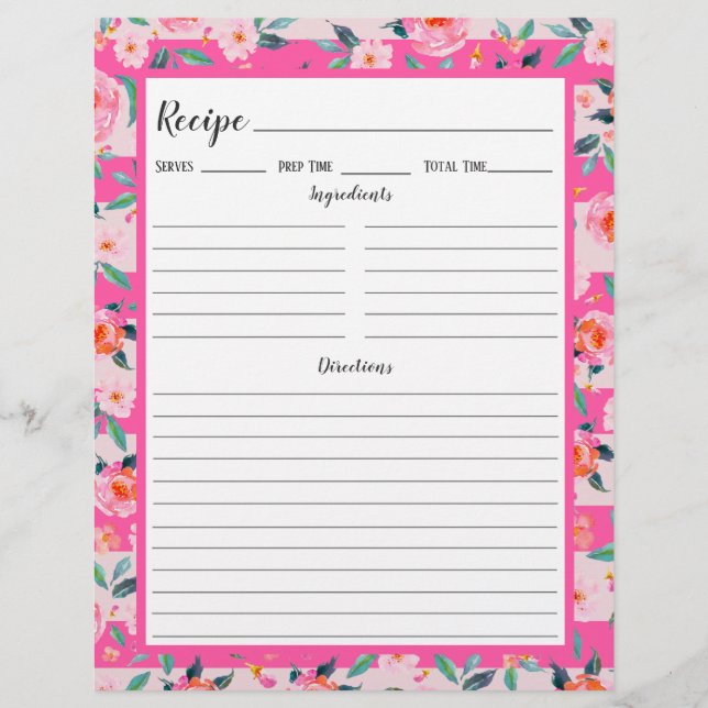 Pink Rose Floral Stripes Recipe Binder Page (Front)