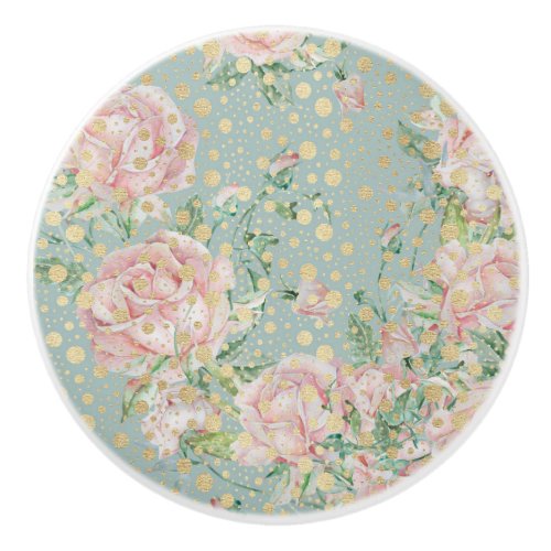 Pink rose floral teal and gold dot elegant vintage ceramic knob