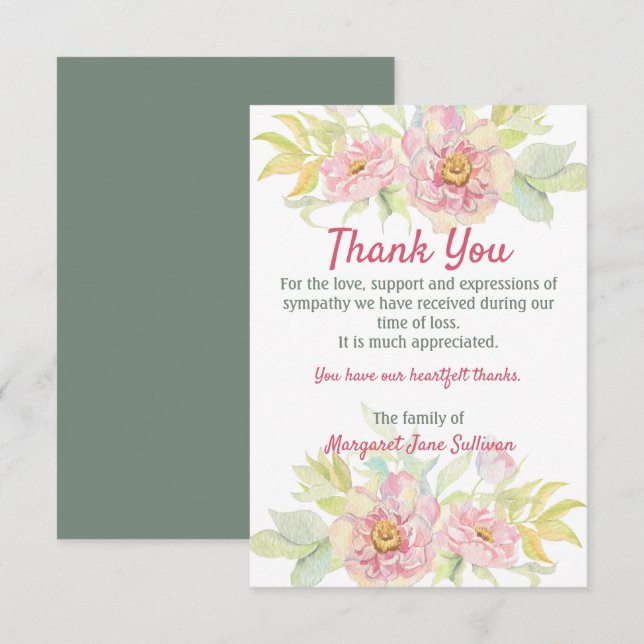Pink Rose Floral Thank You Funeral Sympathy (Front/Back)