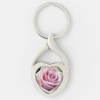 Pink Rose Floral Twisted Heart Metal Keychain by xgdesignsnyc at Zazzle