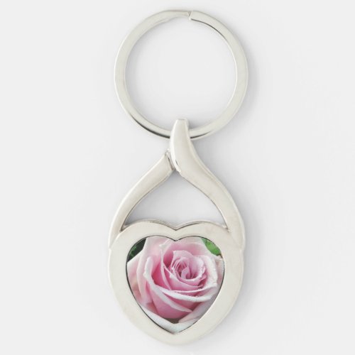 Pink Rose Floral Twisted Heart Metal Keychain