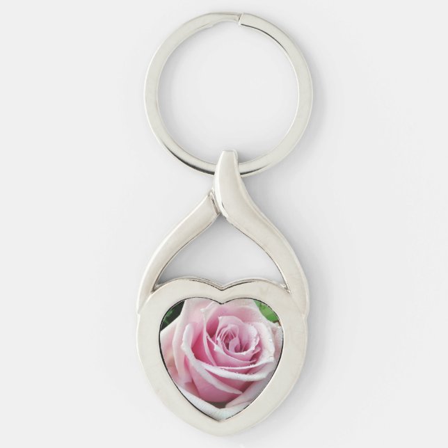 Pink Rose Floral Twisted Heart Metal Keychain (Front)