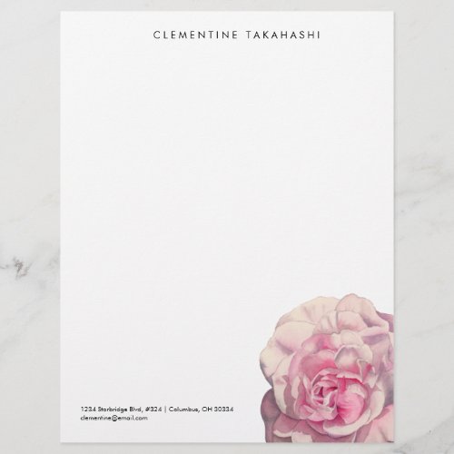 Pink Rose Floral Watercolor Illustration Letterhead