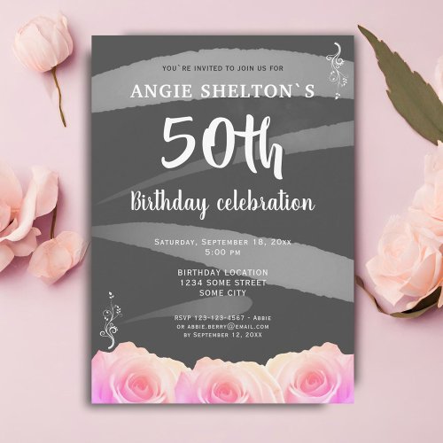 Pink Rose Floral Watercolor Stripes 50th Birthday Invitation