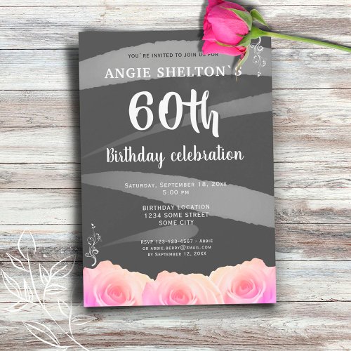 Pink Rose Floral Watercolor Stripes 60th Birthday Invitation