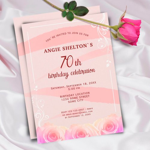 Pink Rose Floral Watercolor Stripes 70th Birthday Invitation