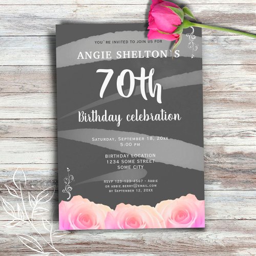 Pink Rose Floral Watercolor Stripes 70th Birthday  Invitation
