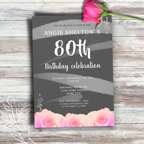 Pink Rose Floral Watercolor Stripes 80th Birthday  Invitation