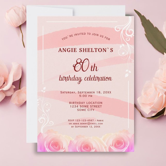 Pink Rose Floral Watercolor Stripes 80th Birthday  Invitation (Creator Uploaded)