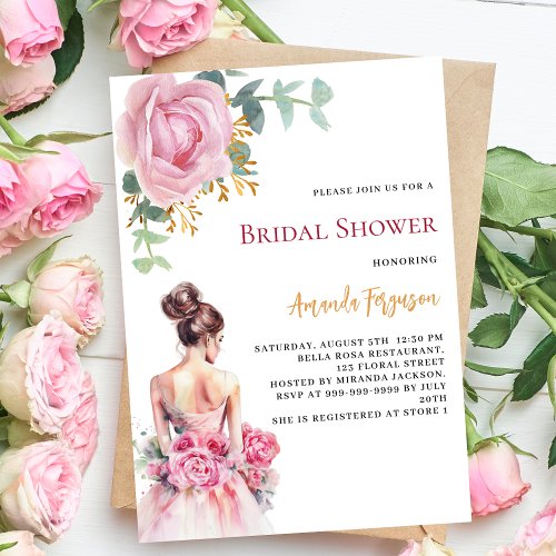 Pink rose floral wedding dress Bridal Shower Invitation
