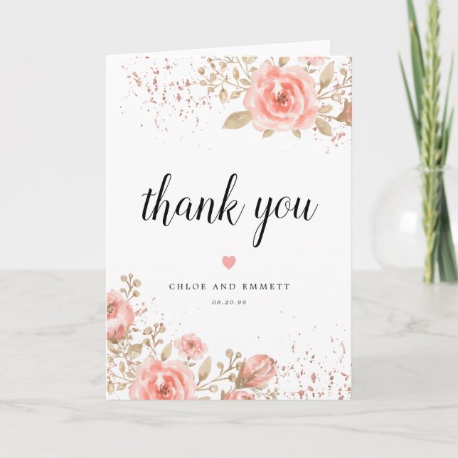 Pink Rose Floral Wedding Thank You Card (Front)