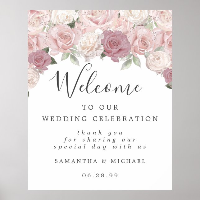  Pink Rose Floral Welcome to Our Wedding Sign (Front)