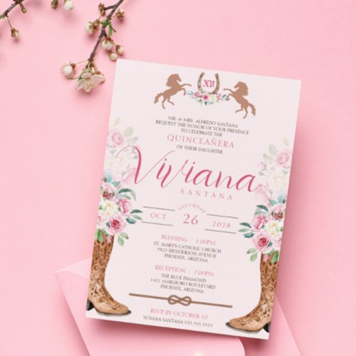 Pink Rose Floral Western Boots Charro Quinceanera Invitation