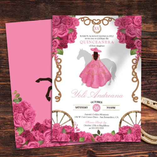 Pink Rose Floral Western Charra Quinceaera Invitation