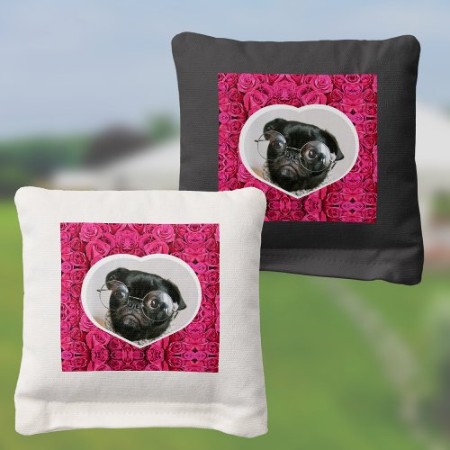 Pink rose floral with heart photo template cornhole bags