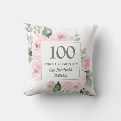  Pink Rose Floral Womans 100th Birthday Party Gift Throw Pillow