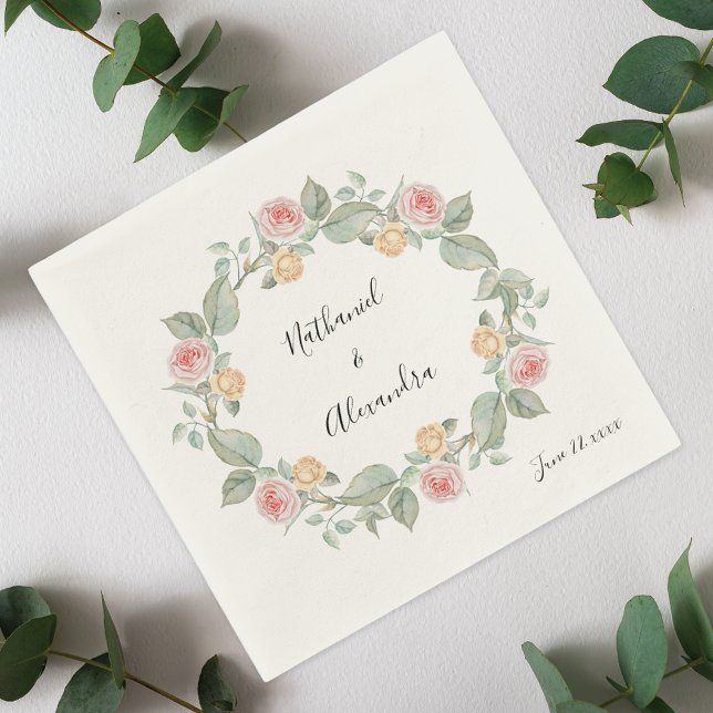 Pink Rose Floral Wreath Summer Wedding Napkins (Creator Uploaded)