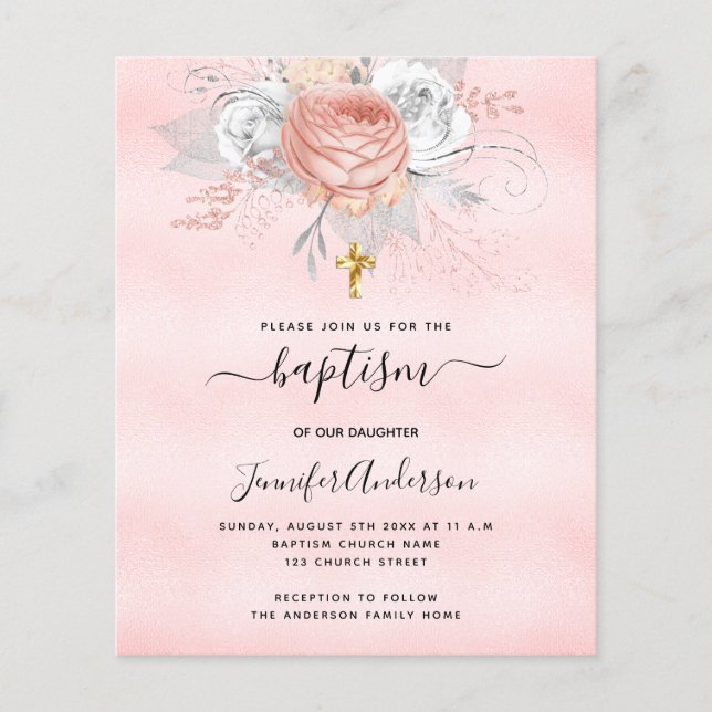 Pink rose florals girl budget baptism invitation (Front)