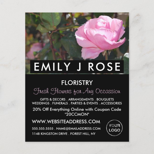 Pink Rose, Florist, Floristry Advertising Flyer (Front)