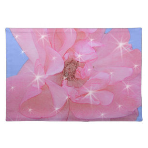 pink rose flower and sparkling stars cloth placemat