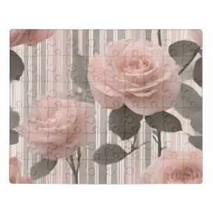 Pink Rose Flower and stripes, Vintage Look Jigsaw Puzzle