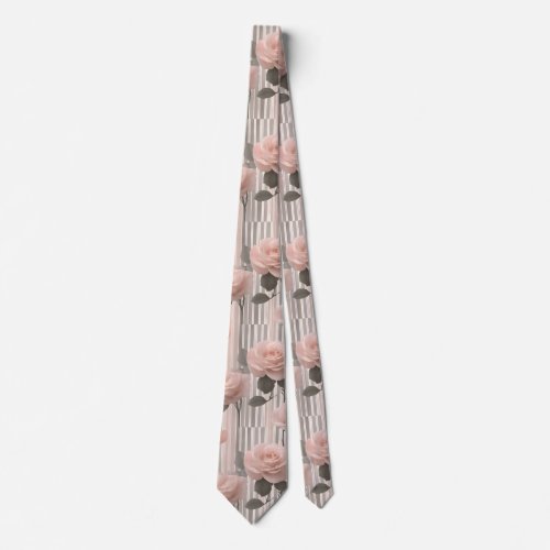 Pink Rose Flower and stripes,  Vintage Look  Neck Tie