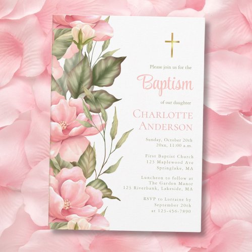 Pink Rose Flower Baptism Invitation