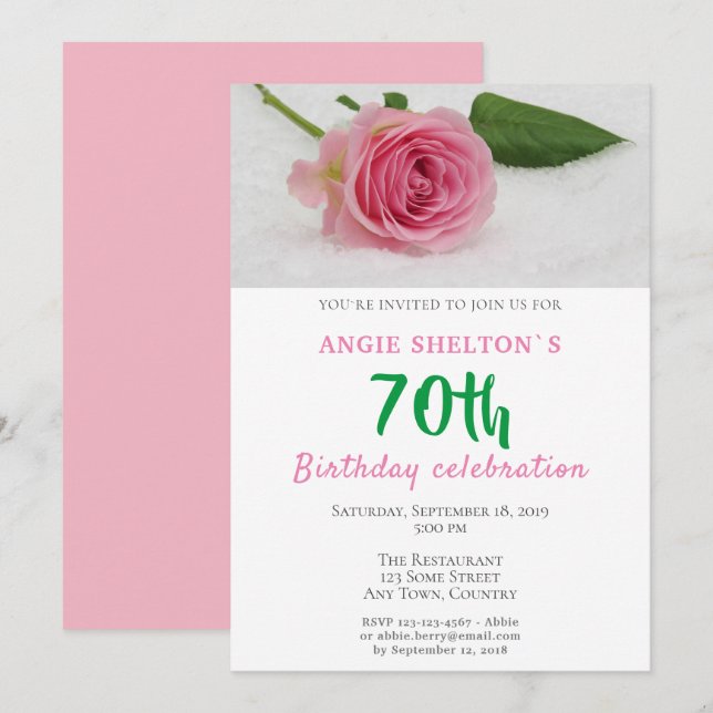 Pink Rose Flower Floral 70th Birthday Party Invitation (Front/Back)