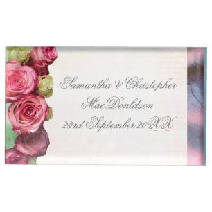 Pink rose flower floral and silver wedding table card holder