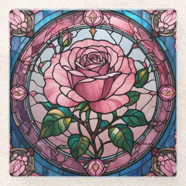 Pink Rose Flower Floral Stained Glass Art Coaster (Front)